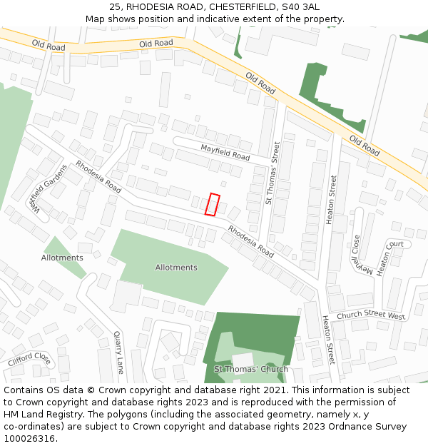 25, RHODESIA ROAD, CHESTERFIELD, S40 3AL: Location map and indicative extent of plot