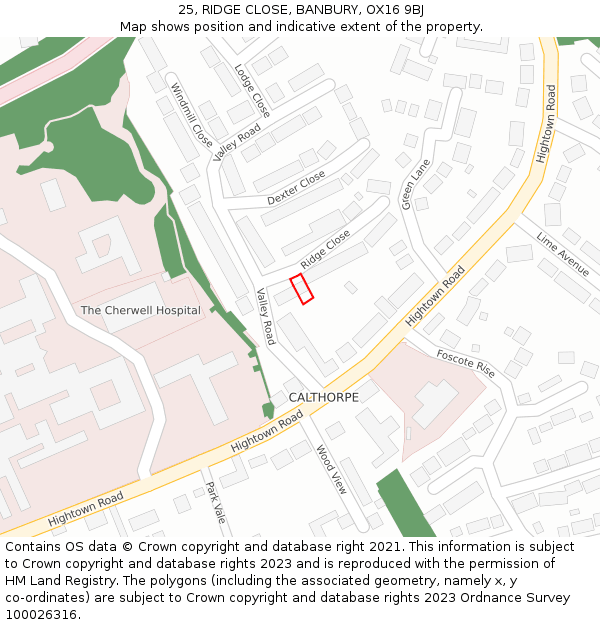 25, RIDGE CLOSE, BANBURY, OX16 9BJ: Location map and indicative extent of plot