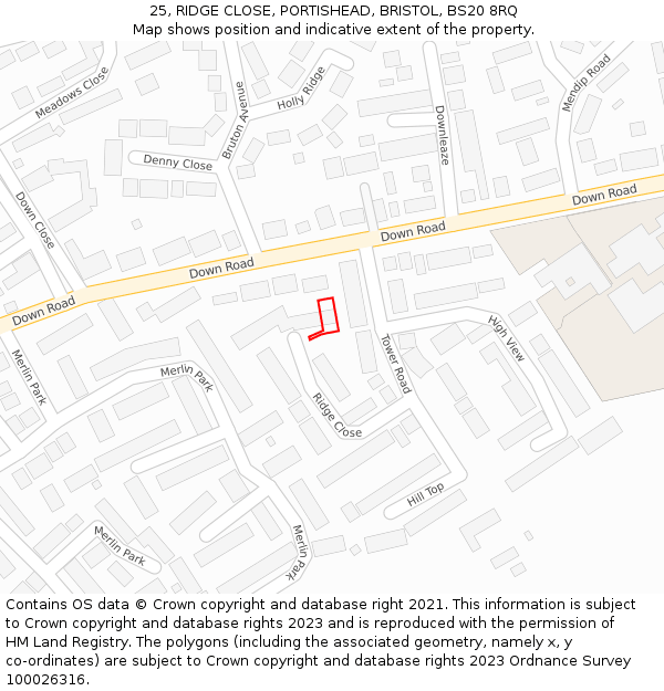 25, RIDGE CLOSE, PORTISHEAD, BRISTOL, BS20 8RQ: Location map and indicative extent of plot