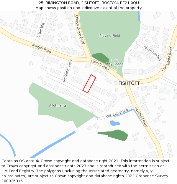 25, RIMINGTON ROAD, FISHTOFT, BOSTON, PE21 0QU: Location map and indicative extent of plot