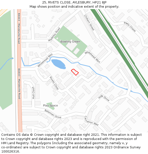 25, RIVETS CLOSE, AYLESBURY, HP21 8JP: Location map and indicative extent of plot