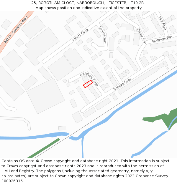 25, ROBOTHAM CLOSE, NARBOROUGH, LEICESTER, LE19 2RH: Location map and indicative extent of plot