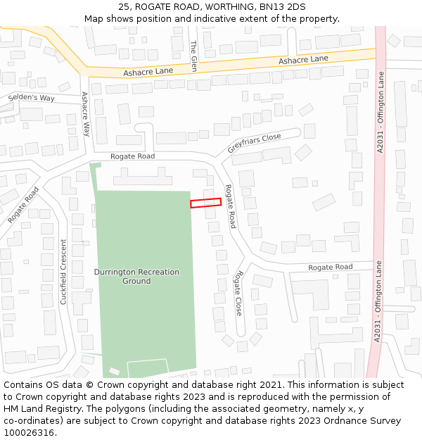25, ROGATE ROAD, WORTHING, BN13 2DS: Location map and indicative extent of plot