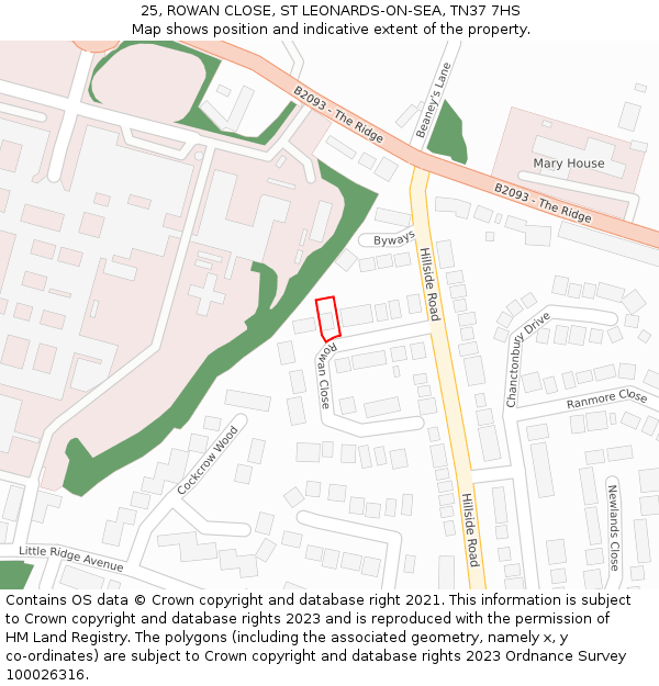 25, ROWAN CLOSE, ST LEONARDS-ON-SEA, TN37 7HS: Location map and indicative extent of plot