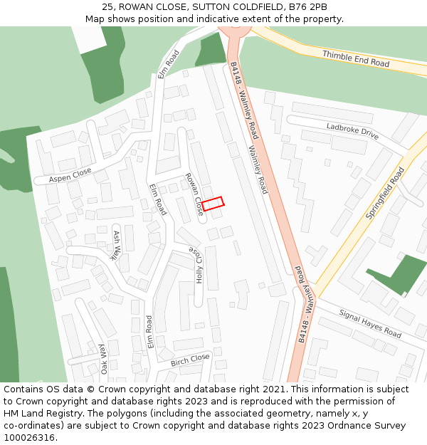25, ROWAN CLOSE, SUTTON COLDFIELD, B76 2PB: Location map and indicative extent of plot