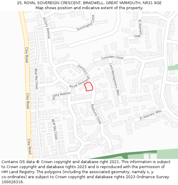 25, ROYAL SOVEREIGN CRESCENT, BRADWELL, GREAT YARMOUTH, NR31 9GE: Location map and indicative extent of plot