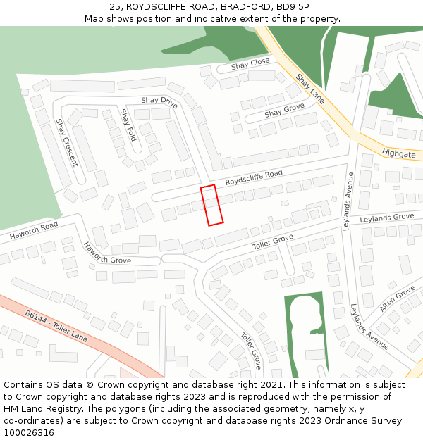 25, ROYDSCLIFFE ROAD, BRADFORD, BD9 5PT: Location map and indicative extent of plot