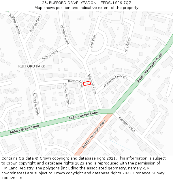 25, RUFFORD DRIVE, YEADON, LEEDS, LS19 7QZ: Location map and indicative extent of plot
