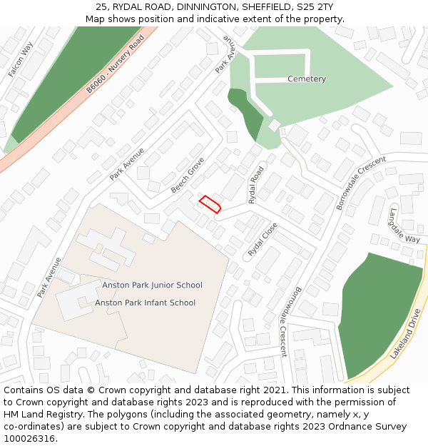 25, RYDAL ROAD, DINNINGTON, SHEFFIELD, S25 2TY: Location map and indicative extent of plot