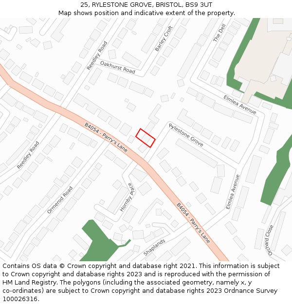 25, RYLESTONE GROVE, BRISTOL, BS9 3UT: Location map and indicative extent of plot
