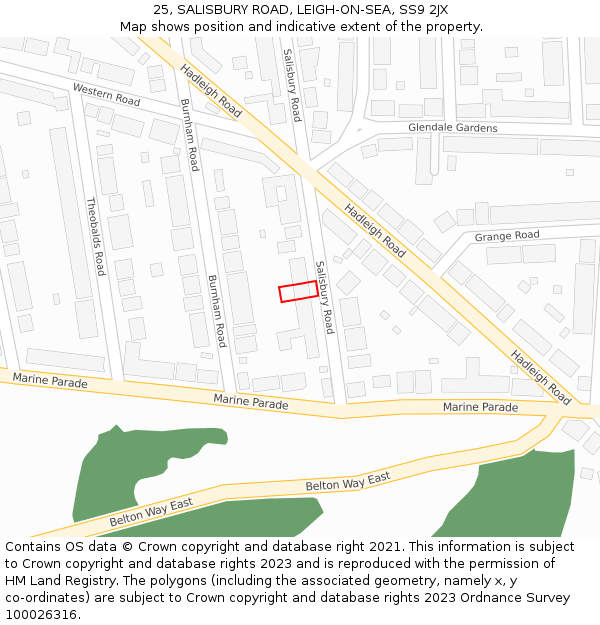 25, SALISBURY ROAD, LEIGH-ON-SEA, SS9 2JX: Location map and indicative extent of plot