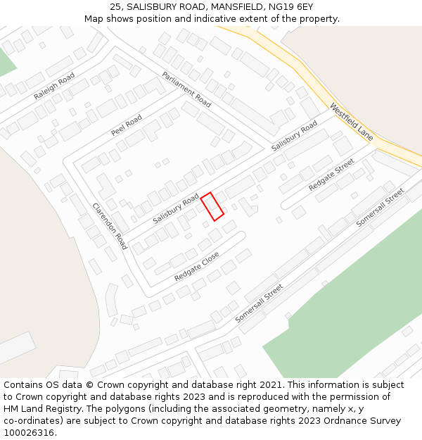 25, SALISBURY ROAD, MANSFIELD, NG19 6EY: Location map and indicative extent of plot