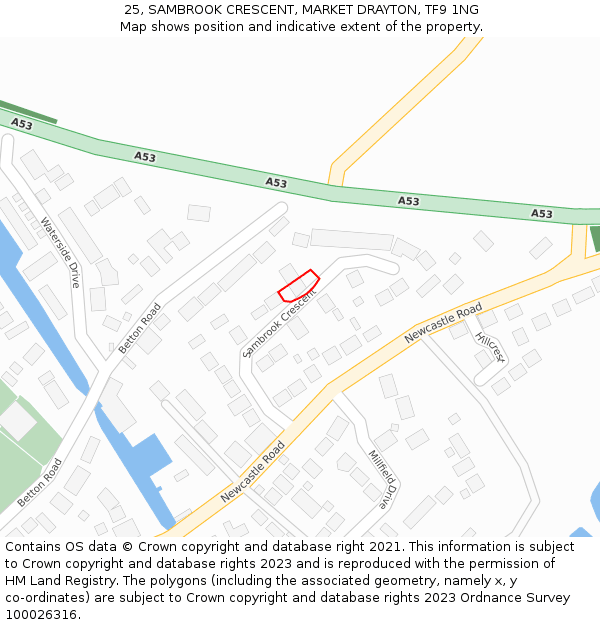 25, SAMBROOK CRESCENT, MARKET DRAYTON, TF9 1NG: Location map and indicative extent of plot