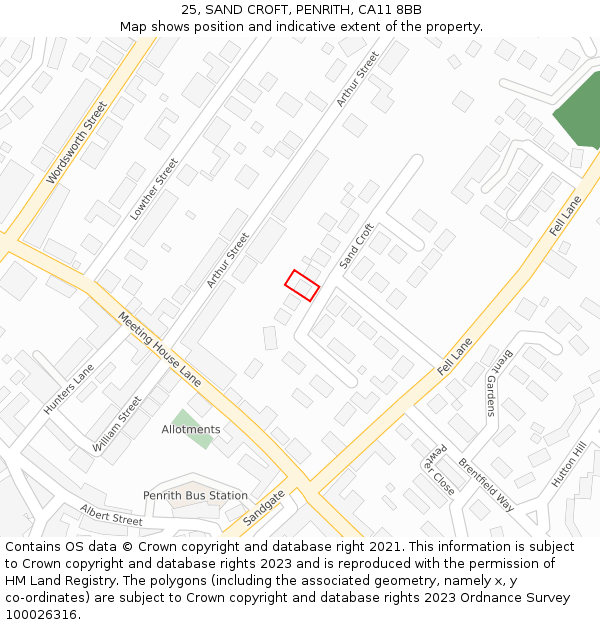 25, SAND CROFT, PENRITH, CA11 8BB: Location map and indicative extent of plot