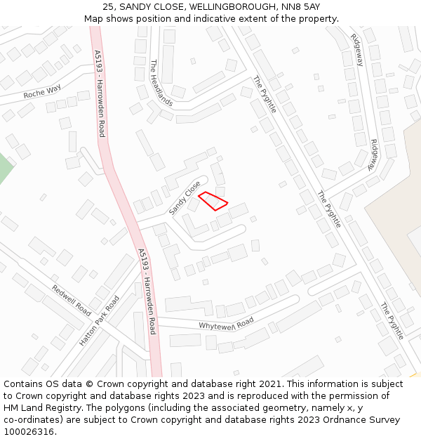 25, SANDY CLOSE, WELLINGBOROUGH, NN8 5AY: Location map and indicative extent of plot