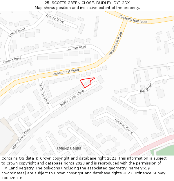 25, SCOTTS GREEN CLOSE, DUDLEY, DY1 2DX: Location map and indicative extent of plot