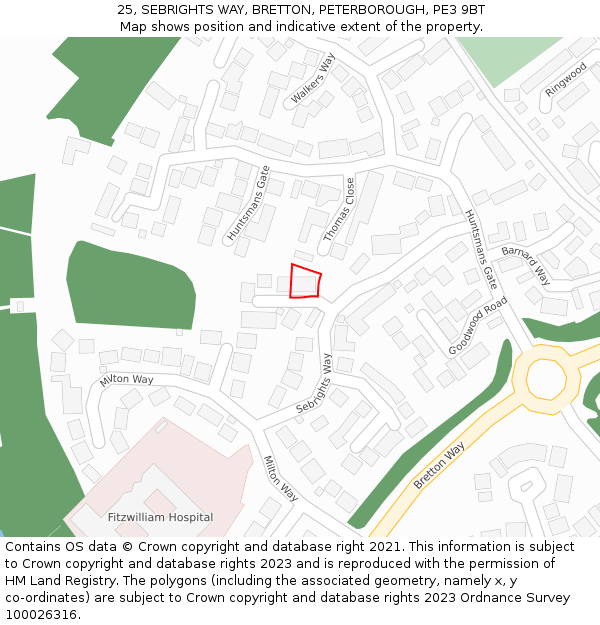 25, SEBRIGHTS WAY, BRETTON, PETERBOROUGH, PE3 9BT: Location map and indicative extent of plot