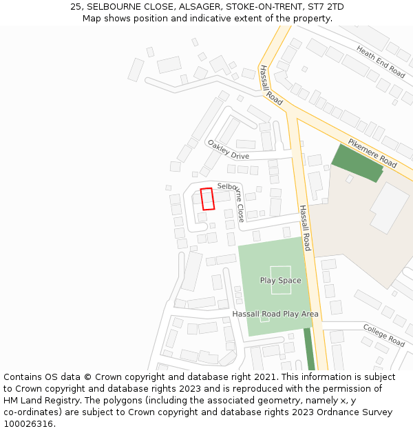 25, SELBOURNE CLOSE, ALSAGER, STOKE-ON-TRENT, ST7 2TD: Location map and indicative extent of plot