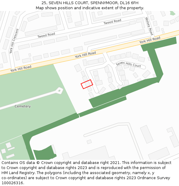 25, SEVEN HILLS COURT, SPENNYMOOR, DL16 6FH: Location map and indicative extent of plot