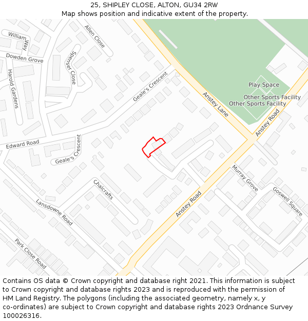 25, SHIPLEY CLOSE, ALTON, GU34 2RW: Location map and indicative extent of plot