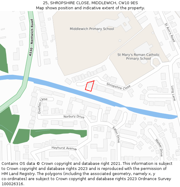 25, SHROPSHIRE CLOSE, MIDDLEWICH, CW10 9ES: Location map and indicative extent of plot