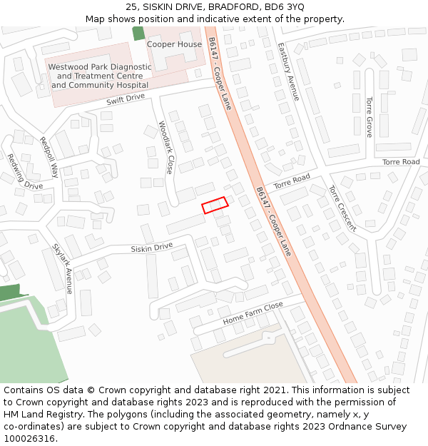 25, SISKIN DRIVE, BRADFORD, BD6 3YQ: Location map and indicative extent of plot
