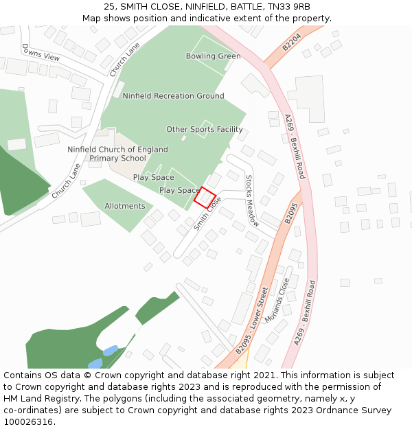 25, SMITH CLOSE, NINFIELD, BATTLE, TN33 9RB: Location map and indicative extent of plot