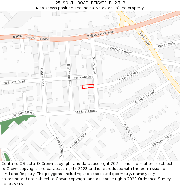 25, SOUTH ROAD, REIGATE, RH2 7LB: Location map and indicative extent of plot