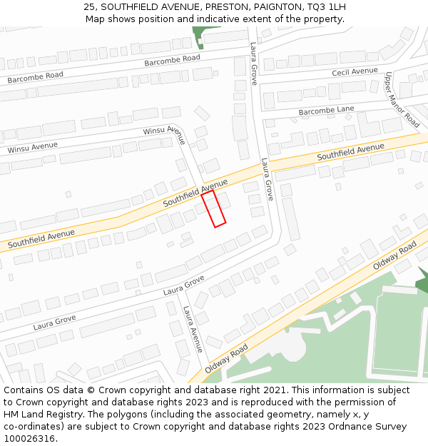 25, SOUTHFIELD AVENUE, PRESTON, PAIGNTON, TQ3 1LH: Location map and indicative extent of plot