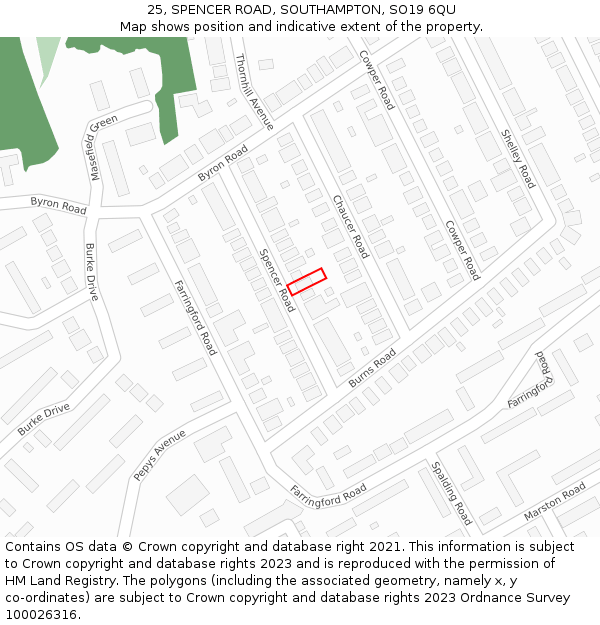 25, SPENCER ROAD, SOUTHAMPTON, SO19 6QU: Location map and indicative extent of plot