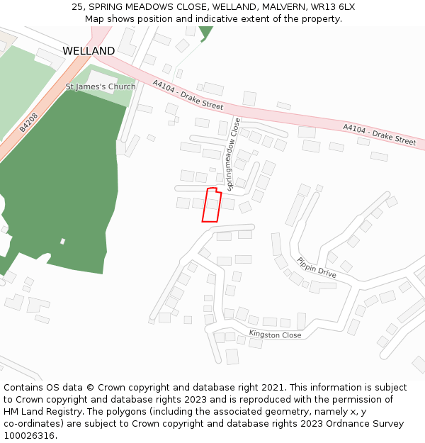 25, SPRING MEADOWS CLOSE, WELLAND, MALVERN, WR13 6LX: Location map and indicative extent of plot