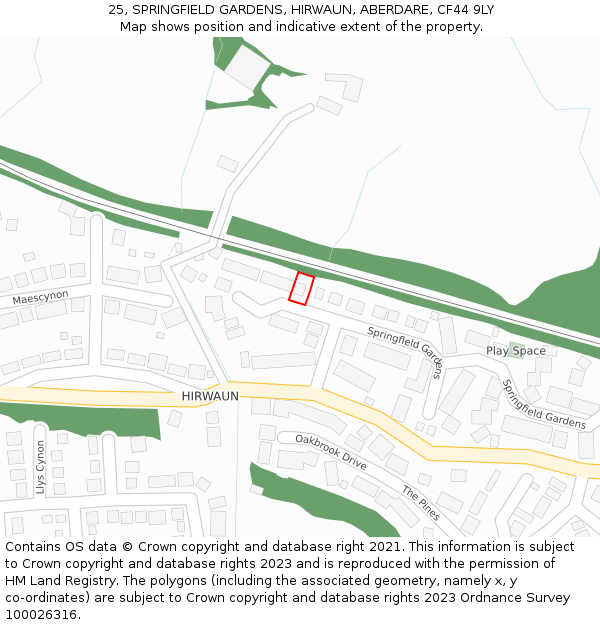 25, SPRINGFIELD GARDENS, HIRWAUN, ABERDARE, CF44 9LY: Location map and indicative extent of plot