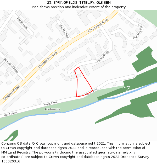 25, SPRINGFIELDS, TETBURY, GL8 8EN: Location map and indicative extent of plot