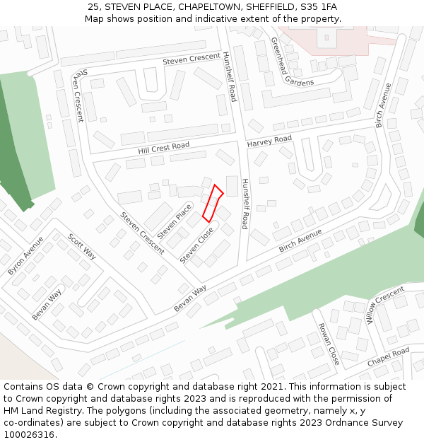 25, STEVEN PLACE, CHAPELTOWN, SHEFFIELD, S35 1FA: Location map and indicative extent of plot