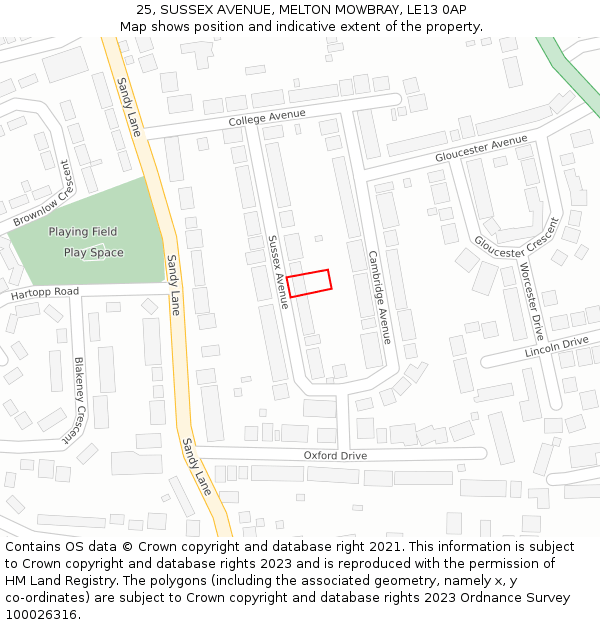 25, SUSSEX AVENUE, MELTON MOWBRAY, LE13 0AP: Location map and indicative extent of plot