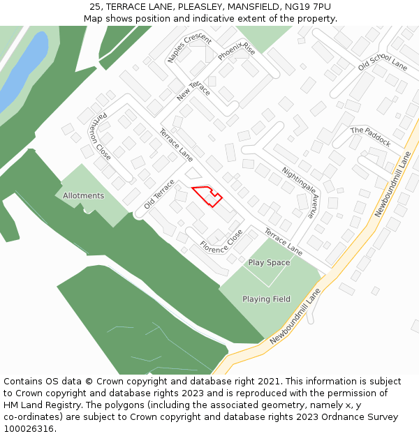 25, TERRACE LANE, PLEASLEY, MANSFIELD, NG19 7PU: Location map and indicative extent of plot