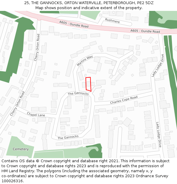 25, THE GANNOCKS, ORTON WATERVILLE, PETERBOROUGH, PE2 5DZ: Location map and indicative extent of plot