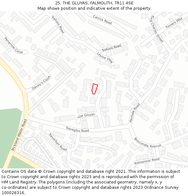 25, THE GLUYAS, FALMOUTH, TR11 4SE: Location map and indicative extent of plot