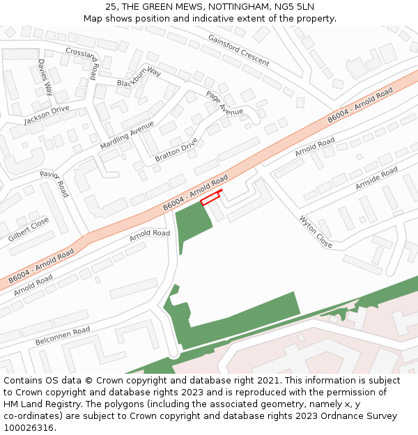 25, THE GREEN MEWS, NOTTINGHAM, NG5 5LN: Location map and indicative extent of plot