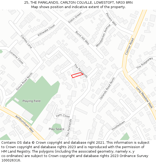 25, THE PARKLANDS, CARLTON COLVILLE, LOWESTOFT, NR33 8RN: Location map and indicative extent of plot