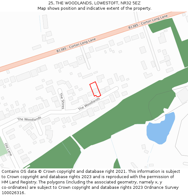 25, THE WOODLANDS, LOWESTOFT, NR32 5EZ: Location map and indicative extent of plot