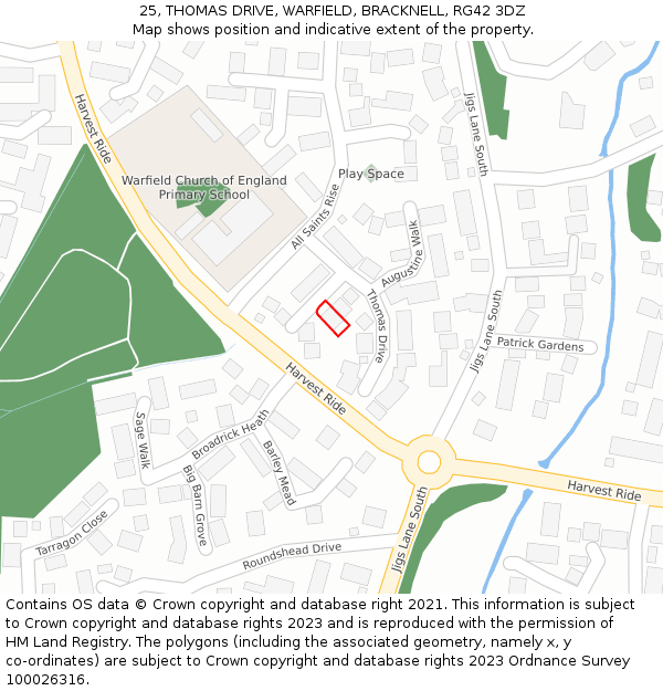25, THOMAS DRIVE, WARFIELD, BRACKNELL, RG42 3DZ: Location map and indicative extent of plot