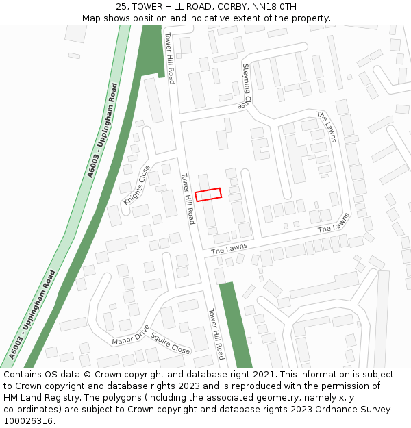 25, TOWER HILL ROAD, CORBY, NN18 0TH: Location map and indicative extent of plot