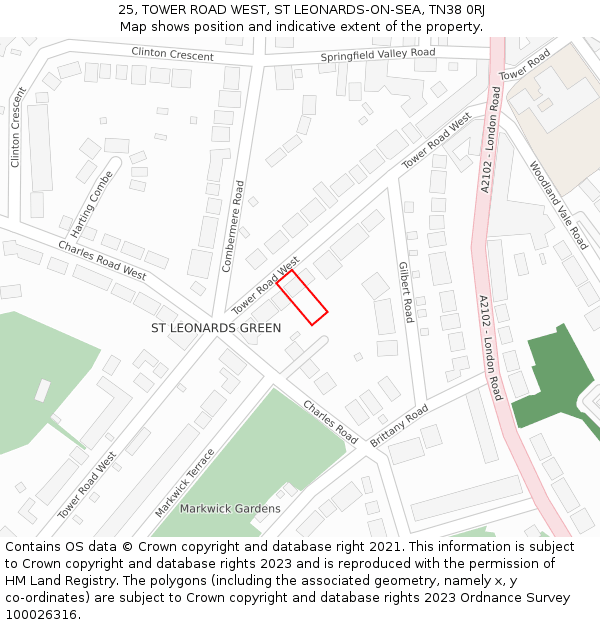 25, TOWER ROAD WEST, ST LEONARDS-ON-SEA, TN38 0RJ: Location map and indicative extent of plot