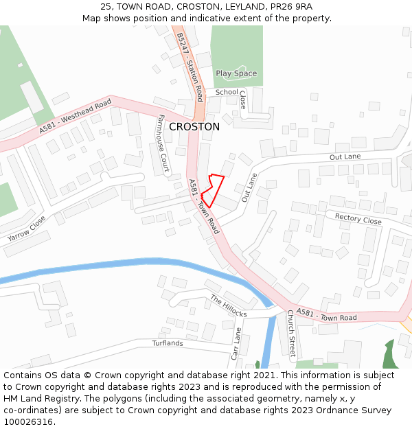 25, TOWN ROAD, CROSTON, LEYLAND, PR26 9RA: Location map and indicative extent of plot