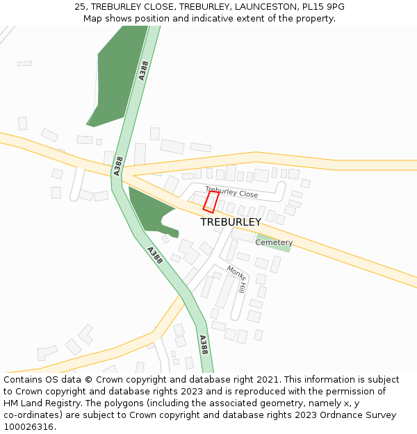25, TREBURLEY CLOSE, TREBURLEY, LAUNCESTON, PL15 9PG: Location map and indicative extent of plot