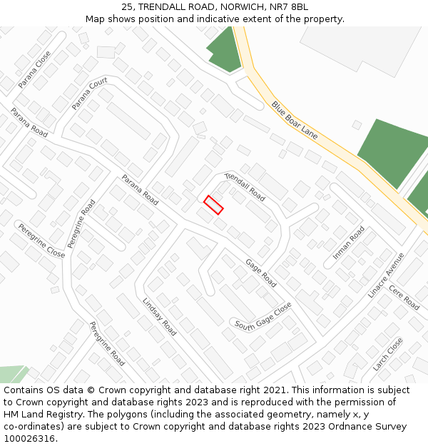25, TRENDALL ROAD, NORWICH, NR7 8BL: Location map and indicative extent of plot
