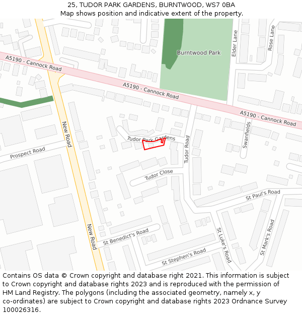 25, TUDOR PARK GARDENS, BURNTWOOD, WS7 0BA: Location map and indicative extent of plot
