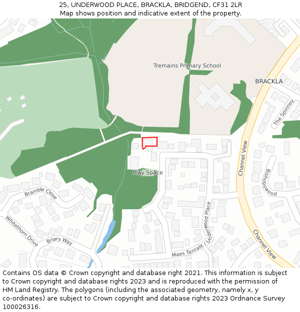 25, UNDERWOOD PLACE, BRACKLA, BRIDGEND, CF31 2LR: Location map and indicative extent of plot