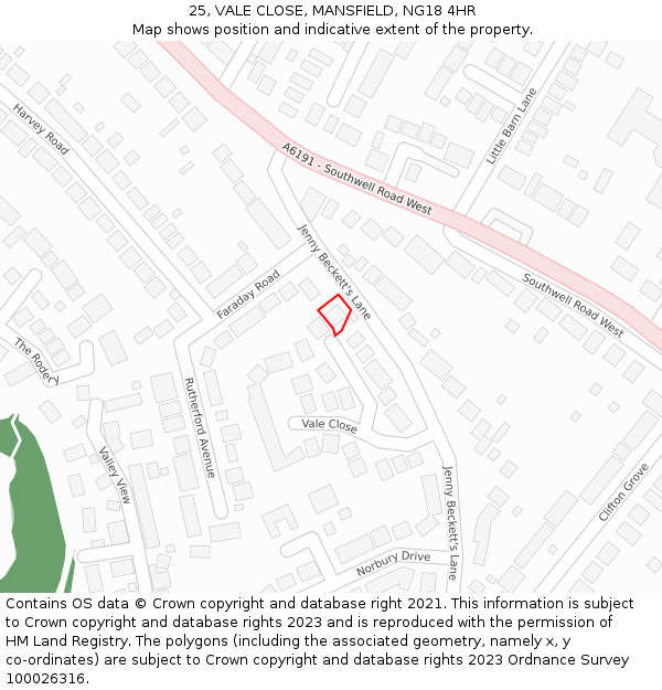 25, VALE CLOSE, MANSFIELD, NG18 4HR: Location map and indicative extent of plot